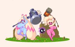 2girls alternate_color big_breasts breasts crossover disproportional gastly gimmighoul hammer league_of_legends multiple_girls nipples noscium nude pixel_art pokémon_(species) pokemon pokemon_sv poppy pussy shortstack tagme thick_thighs tinkaton yordle