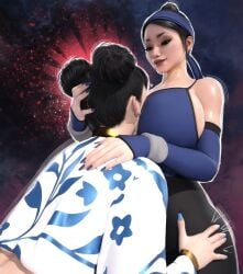 2023 2girls asian asian_female big_ass big_breasts black_hair blue_nails capcom chun-li clothed clothed_female clothing crossover eastern_and_western_character edenian face_in_breasts heart kitana kitana_(mk11) midway mortal_kombat mortal_kombat_11 multiple_girls nail_polish netherrealm_studios pale-skinned_female pale_skin popogori space_buns street_fighter street_fighter_6 tagme watermark yuri