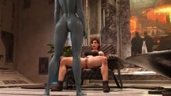 2girls 3d anus asari ass awe belethor's_smut bottomless commander_shepard eyeliner female femshep green_eyes hi_res imminent_sex looking_at_another looking_at_partner mass_effect medium_hair no_panties nude pubic_hair pussy red_hair samara sports_bra spread_legs yuri