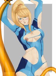 arms_up blonde_hair bodysuit cleavage drewnn large_breasts looking_at_viewer metroid ponytail samus_aran torn_bodysuit torn_clothes zero_suit_samus