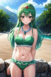 ai_generated bikini blush breasts fairy_tail green_bikini green_eyes green_hair hisui_e._fiore long_hair outside princess smile standing wet_body