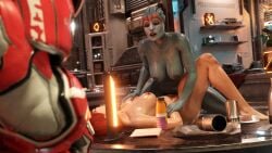 1boy 2girls 3d alien_girl asari barefoot belethor's_smut blue_eyes blue_skin breasts closed_eyes commander_shepard feet female femshep hi_res interspecies krogan looking_at_another looking_pleasured male mass_effect medium_hair nipples nude on_back red_hair samara scissoring sex shiny_skin spread_legs toes tribadism watching watching_sex yuri yuri_with_male_audience