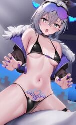 1girls bare_shoulders black_bra black_jacket black_panties blush bra breasts choker claw_pose commentary english_commentary eyewear_on_head female female female_only fur-trimmed_jacket fur_trim grey_eyes grey_hair groin hair_between_eyes highres honkai:_star_rail honkai_(series) jacket long_hair long_sleeves looking_at_viewer medium_breasts mixed-language_commentary nail_polish navel off_shoulder open_clothes open_jacket open_mouth panties pixel pubic_tattoo purple_nails silver_wolf_(honkai:_star_rail) sitting skai_kun solo stomach sunglasses tattoo thigh_strap underwear