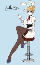 bar_chair blonde_hair blue_eyes blunt_bangs blush bunny_ears bunny_girl champagne_glass collar girls'_frontline hair_buns high_heel_sandals large_breasts light-skinned_female mosin-nagant_(girls'_frontline) platform_heels tattoo_on_legs thighhighs wide_hips