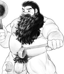 1boy abs arm_hair bara beard big_belly blush comparison completely_nude dungeon_meshi dwarf english_commentary excessive_pubic_hair facial_hair fat fat_man feet_out_of_frame flaccid frying_pan girthy_penis giving greyscale hair_slicked_back highres holding holding_frying_pan large_pectorals long_beard male_focus male_only mature_male monochrome muscular muscular_male navel_hair nipples nose_blush nude overload_(nuhoangxitray) pectorals penis potato pubic_hair senshi_(dungeon_meshi) short_hair shy solo_focus standing sweatdrop thick_mustache thick_thighs thighs uncensored v-shaped_eyebrows very_long_beard