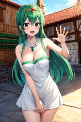 ai_generated blush clothing dress fairy_tail green_eyes green_hair hisui_e._fiore huge_breasts long_hair one_hand_up open_mouth princess smile