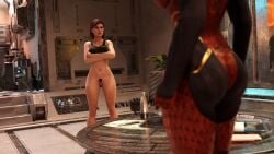 2girls 3d asari ass belethor's_smut bottomless commander_shepard crossed_arms eyeliner female femshep freckles freckles_on_face green_eyes hi_res mass_effect medium_hair no_panties pubic_hair pussy red_hair samara skin_tight sports_bra