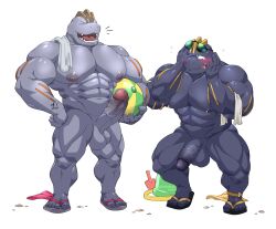 2boys abs absurd_res ball balls bara barazoku big_pecs clothing duo erection flint_steel footwear gay generation_1_pokemon genitals hi_res humanoid humanoid_genitalia humanoid_penis machoke maldu male male_only muscular muscular_humanoid muscular_male nintendo nipple_piercing nipples pecs penis piercing pokemon pokemon_(species) ryuji_kaiyo sandals towel towel_on_shoulder vein veiny_penis