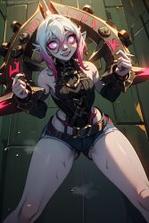 absurdres ai_generated artist_name bangs bare_shoulders belt black_belt breasts briar_(league_of_legends) colored_sclera colored_skin detached_sleeves female glowing glowing_eyes gradient_hair hair_between_eyes hi_res highres jewelry league_of_legends looking_at_viewer micro_shorts multicolored_hair open_mouth pink_eyes pink_hair pointy_ears ree0 riot_games short_shorts shorts sleeveless smile solo sweat teeth two-tone_hair white_eyes white_hair