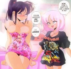 2girls band_shirt big_breasts black_hair blue_eyes blush breast_size_difference breasts bursting_breasts cleavage clothing_swap dialogue dress earrings embarrassed female female_only grs- height_difference iron_maiden_(band) loose_clothes medium_hair pink_hair ponytail red_eyes sharon_(grs-) smile speech_bubble stuttering t-shirt talia_(grs-) text tight_clothing too_small_clothes