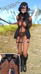 1girls au_ra bondage captured cleavage cleave_gag collar cuffs exposed_breasts final_fantasy final_fantasy_xiv handcuffs kidnapped kisa_kha leash leash_pull ripped_clothing struggling text vibrator vibrator_in_pussy xaela