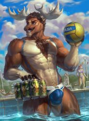 2023 2_horns abs anthro ball body_hair bulge can chest_hair clothing container deer detailed_bulge diffuse_moose facial_hair female hi_res horn levelviolet male male_focus male_only mammal moose moustache muscular muscular_anthro muscular_male new_world_deer partially_submerged pecs speedo standing_in_water swimming_pool swimwear vein veiny_muscles volleyball_(ball)