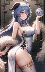 1girls ahoge ai_generated bare_arms bare_shoulders big_ass big_breasts blue_hair blush china_dress eon_huiyin fur_trim ganyu_(genshin_impact) genshin_impact goat_horns holding_object large_ass large_breasts long_hair looking_at_viewer parted_lips shiny_hair shiny_skin skindentation sleeveless solo thick_thighs thighhighs thighs white_dress white_thighhighs