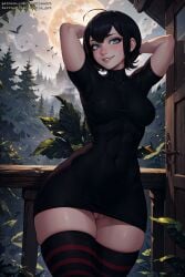 1girls ai_generated covered_nipples hotel_transylvania long_shirt mavis_dracula solo standing striped_legwear tagme tight_clothing vertiloart