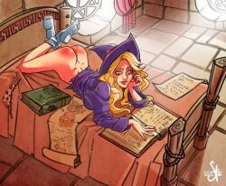 1girls ass blonde_hair book bottomless female lying on_bed partially_clothed reading red_ass_cheeks schroedingertales socks solo witch witch_hat