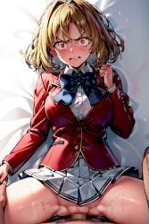 ai_generated angry angry_face angry_sex big_breasts blonde_hair blush censored classroom_of_the_elite kushida_kikyou laying_on_bed no_panties rape school_uniform schoolgirl short_hair skirt spread_legs teeth vaginal_penetration youkoso_jitsuryoku_shijou_shugi_no_kyoushitsu_e