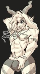 abs anthro asriel_dreemurr asriel_dreemurr_(god_form) bangs big_bulge black_sclera boss_monster bovid bulge caprine clothed clothing eyeshadow fur fur_markings goat grin hair hi_res horn kozacasa long_ears makeup male male_only mammal markings muscular narrowed_eyes nipples pecs smile solo touching_bulge undertale undertale_(series) white_body white_fur