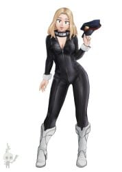 black_hat black_jumpsuit blank_background blonde_hair camie_utsushimi cleavage female_only hat_removed hero_outfit_(mha) my_hero_academia nhuahomm_(artist) unzipped_bodysuit variant_set white_boots