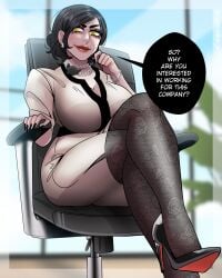 2d alcina_dimitrescu big_breasts black_hair cleavage crossed_legs dangerousbride dialogue english_text heels hi_res looking_at_viewer louboutin_(shoes) mature_female milf office office_lady pale-skinned_female pale_skin red_lipstick resident_evil resident_evil_8:_village sitting smiling smiling_at_viewer speech_bubble stockings talking_to_viewer yellow_eyes