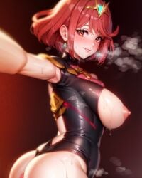 1girls ai_generated ass blush breasts breasts_out erect_nipples female forehead_jewel gikokitune jewelry looking_at_viewer looking_back nintendo nipples pov pyra red_eyes red_hair sideboob smile steam steaming_body suit sweat sweatdrop wet xenoblade_(series) xenoblade_chronicles_2