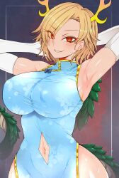 1girls animal_horns animal_tail armpits arms_behind_head blonde_hair breasts china_dress chinese_clothes clothed clothing_cutout covered_erect_nipples dress ear_piercing earrings elbow_gloves gloves grin hair_over_one_eye horn horns jewelry kicchou_yachie large_breasts looking_at_viewer mandarin_collar navel navel_cutout red_eyes roki_(hirokix) sharp_teeth short_hair sleeveless sleeveless_dress smile solo sweat tail teeth touhou turtle_shell white_gloves yellow_hair