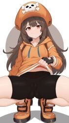 1girls belly belly_peek bike_shorts blush brown_hair cameltoe clothed guilty_gear guilty_gear_strive hat hay long_hair looking_at_viewer may_(guilty_gear) moursho navel orange_eyes presenting presenting_pussy pussy pussy_visible_through_clothes shirt_lift shoes shorts smile solo spread_legs squatting standing stomach sweat thick_thighs thighs tight_clothing