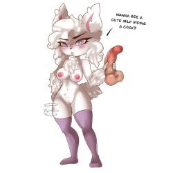 1girls anthro blue_eyes blush blushing breasts diives female female_only fur furry genitals hi_res humanoid invalid_tag medium_breasts original pinup pose pussy question sex sex_toy slim_waist solo thick_thighs white_fur yurbiv