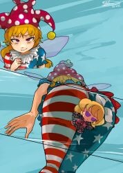 1girls american_flag ass ass_focus ass_shot blonde_hair clownpiece fumo_plush sitting sitting_on_object touhou usagaijin