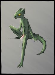 2d claws colored cum cum_on_body cum_on_penis green_skin horns humanoid lizard lizard_humanoid male male_only naked naked_male newshelter original original_character reptile reptile_humanoid scales simple_background solo space_sration_14 space_station_13 unathi unusual_penis yellow_eyes