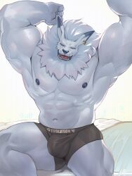 abs anthro bandai_namco big_bulge briefs bulge clothing detailed_bulge digimon digimon_(species) fur iceleomon leomon male male_only mane muscular muscular_anthro nipples pecs salz_sop shirtless solo underwear white_body white_fur