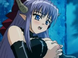 animated animated_gif anime_screencap breasts controlled demon_girl demon_horns forced_masturbation garter_straps groping_breast horns ma_ga_ochiru_yoru monster_girl ova purple_hair pussy_juice screenshot sheliss_elleness_zurbach subtitled the_night_when_evil_falls