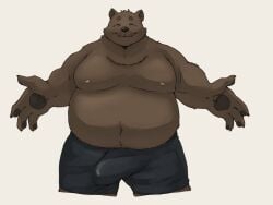 2023 anthro bear belly big_belly black_nose bottomwear brown_body brown_fur bulge closed_eyes clothing donguri fur hi_res humanoid_hands kemono male mammal moobs nipples overweight overweight_male pants simple_background solo