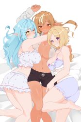 3girls absurdres ahoge aki_rosenthal aki_rosenthal_(2nd_costume) blonde_hair blue_hair blush breasts cleavage confused_alif dark-skinned_female dark_elf dark_skin elf hair_between_eyes heart heart_ahoge highres hololive hololive_fantasy hololive_gen_1 hololive_gen_5 hololive_japan large_breasts long_hair looking_at_viewer multicolored_hair multiple_girls open_clothes open_mouth open_shirt pointy_ears red_eyes shiranui_flare sidelocks smile streaked_hair underwear underwear_only virtual_youtuber white_hair yellow_eyes yukihana_lamy yukihana_lamy_(4th_costume)