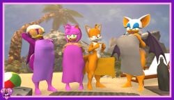 3d 3d_model amy_rose beach beach_towel mobian mobian_(species) mobian_bat rouge_the_bat sarahdellen sega sfm sonic_(series) sonic_adventure_2 sonic_the_hedgehog_(series) source_filmmaker tails tails_the_fox towel towel_only wave_the_swallow