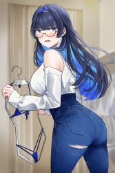 absurdres ass bare_shoulders bikini blue_bikini blue_eyes blue_hair blush denim detached_sleeves female glasses high-waist_pants highres hololive hololive_english hololive_english_-council- hololive_english_-promise- huge_filesize jeans light_blue_hair looking_at_viewer multicolored_hair nuebunny open_mouth ouro_kronii pants pantylines solo string_bikini sweater swimsuit torn_clothes torn_jeans torn_pants turtleneck turtleneck_sweater two-tone_hair virtual_youtuber white_sweater