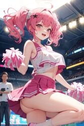 ai_generated cheering cheerleader cheerleader_outfit cheerleader_uniform female female_focus female_only no_panties no_underwear pink_dress pink_hair pink_skirt pink_uniform pom_pom_(cheerleading) pom_poms pussy skirt skirt_lift skirt_up solo solo_female solo_focus vagina white_shirt