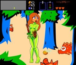 1girls blue_eyes blush_stickers bodysuit broken_sword brown_hair circlet forest four_fingers four_toes green_bodysuit green_latex heads-up_display latex nintendo octorok part_of_a_set petite_body princess_zelda shennanigma shield small_breasts sword tagme the_legend_of_zelda the_legend_of_zelda_(nes) zelda_(nes)