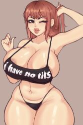 1girls breasts brown_eyes brown_hair cleavage curvaceous curvy female female_only large_breasts lips mimimows one_eye_closed original original_character solo thick_lips thick_thighs thighs thong wide_hips