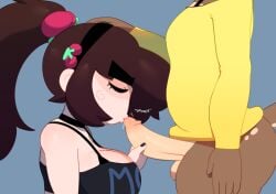 1boy 1girls big_breasts big_eyebrows danny_(somescrub) femboy femscrub_(somescrub) goth handjob headpat kissing_penis nail_polish petting ponytail scrubforfun somescrub