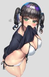 1girls arms_behind_back bangs bikini bikini_under_clothes black_hair black_shirt blush breasts cleavage clothes_in_mouth clothes_lift cropped_legs earrings green_eyes grey_background hidden_curves jewelry large_breasts lifted_by_self long_sleeves looking_at_viewer mouth_hold multicolored_hair navel original original_character ranf shirt shirt_in_mouth shirt_lift short_twintails side-tie_bikini_bottom sidelocks simple_background solo string_bikini sweatdrop swimsuit twintails white_background white_bikini