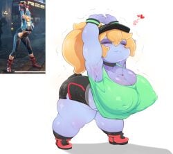 big_breasts blonde blonde_hair blue_body blue_skin breasts chubby huge_breasts large_breasts league_of_legends nipples_visible_through_clothing poppy shinolara shortstack sports_uniform squatting stretching tank_top thick thick_thighs yordle