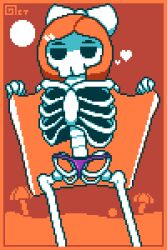 1girls 2d beach bow exhibitionism female_only hairclip octotron2000 orange_hair pixel_art short_hair skeleton solo solo_female thong topless towel undead