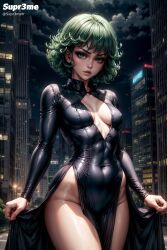 1girls ai_generated breasts cleavage dress female female_only fit fit_female green_eyes green_hair highres looking_at_viewer one-punch_man seductive_look short_hair small_breasts solo solo_focus supr3metr tatsumaki wide_hips