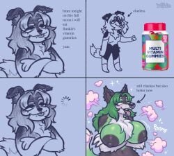 big_breasts bodily_fluids breast_expansion breasts canine comic crossed_arms drooling expansion hi_res huge_breasts humor keffotin mammal nipples saliva spoonyfox transformation_through_food vitamin werewolf wolf