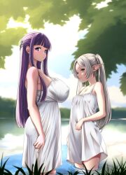 2girls alternate_version_available big_breasts breasts clothing dress female female_only fern_(sousou_no_frieren) frieren green_eyes huge_breasts large_breasts long_hair looking_at_viewer multiple_girls osuzu_akiomi pointy_ears purple_eyes purple_hair sideboob small_breasts sousou_no_frieren twintails water white_dress