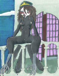 anthro avian balcony bird breasts claws demon female full_nudity fullcolor genitals helluva_boss hi_res nipples nude nyghtmar3 octavia_(helluva_boss) owl pussy sitting small_breasts solo spread_legs spreading traditional_media_(artwork)