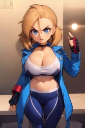 1girls ai_generated angry annoyed black_choker black_gloves blonde_hair blue_eyes blue_jacket blue_pants breasts cammy_white choker cleavage collarbone cowboy_shot crop_top dioxide fingerless_gloves furrowed_brow gloves jacket large_breasts looking_at_viewer midriff navel open_clothes open_mouth pants short_hair solo sports_bra street_fighter street_fighter_6