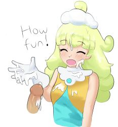 2d after_handjob bakudon blue_eyes blush blush_lines cum cum_drip cum_on_body cum_on_face cum_on_hand dress english_text female gloves green_hair handjob marle_(puyo_puyo) puyo_puyo puyo_puyo_tetris white_gloves