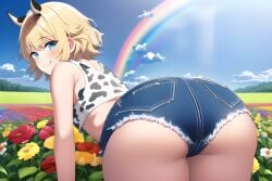 1boy ai_generated ass_focus big_ass big_butt blonde_hair blue_eyes cow_horns cow_print crop_top curvaceous curvy curvy_figure curvy_male denim_shorts farm femboy flower flower_field girly novelai rainbow short_hair smile smiling smiling_at_viewer