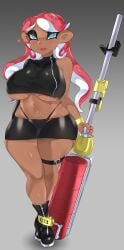 1girls 2021 big_breasts black_clothing boots breasts clothed clothing dark-skinned_female dark_skin female female_only gun inklingloe latex looking_at_viewer nipple_bulge octoling octoling_girl short_skirt skirt splatoon thick_thighs thighs underboob weapon